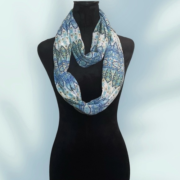 Accessories - Women's Infinity Scarf - Cobalt, White, Blue & Hint of Yellow Geometric Pattern